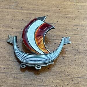 Vtg Viking Ship Brooch Sterling Silver Enamel Scandinavian Long Boat Pin Antique